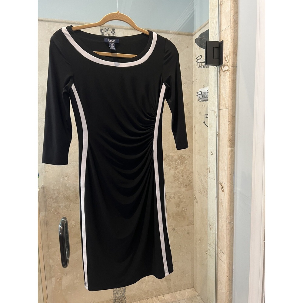 Chaps Black White Colorblock Ruched Slimming Jersey Dress XS 3/4 Sleeve Midi